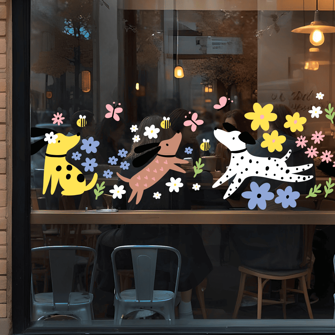 декор к 8 марта фото, весенние наклейки на витрины фото, как украсить витрину к 8 марта фото, весенний декор витрин фото, наклейки на окна к весне фото, украсить магазин к весне фото, украсить витрину к весне фото, наклейки на окна цветы фото, весенние песики фото, наклейки собаки в цветах фото, декор с песиками фото, пет френдли декор фото, наклейки на окна собачки фото, украшение зоомагазина весна фото, весенние хвостики наклейки фото, милые щенки декор фото, наклейки на стекло песики фото, весеннее оформление с животными фото, цветочные собачки фото, интерьерные наклейки собаки фото, наклейки на витрины зоомагазин фото, наклейки для пет-френдли заведений фото